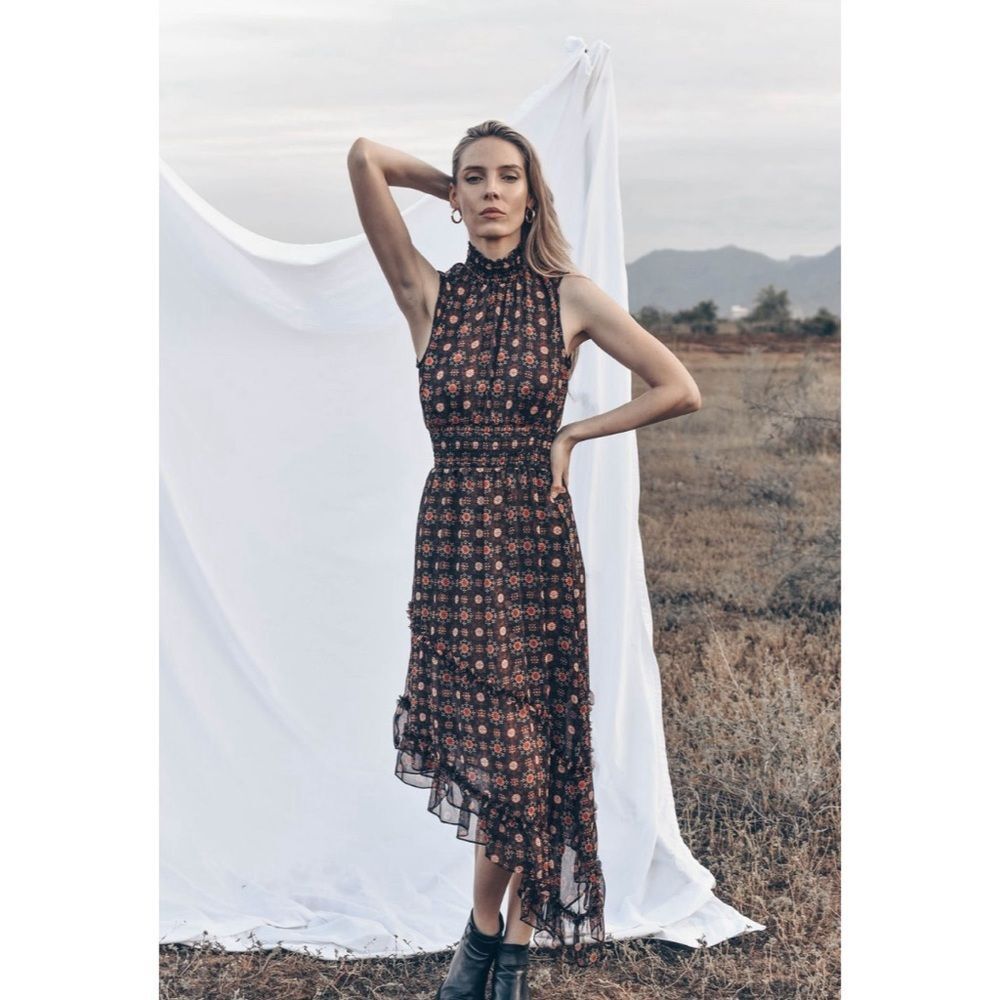 MISA Shalom sheer chiffon medallion print sleeveless maxi dress NWOT